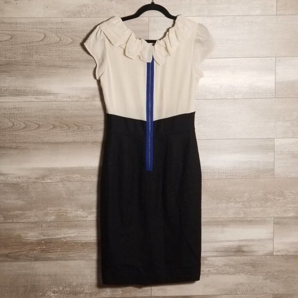 Rebecca Taylor Silk Ruffle Neckline Color Block Shift Dress White Black Size 8 - Picture 2 of 5